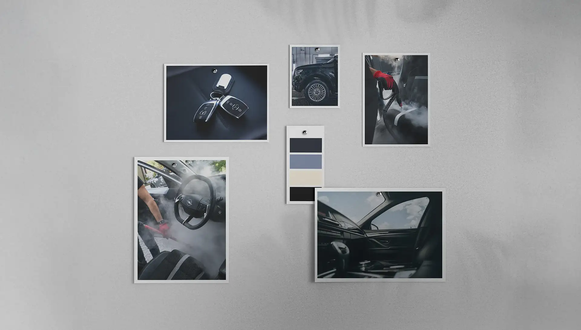 Moodboard visuel pour SBT Autoclean, mêlant photos de nettoyage automobile, détails de véhicule et palette de couleurs.